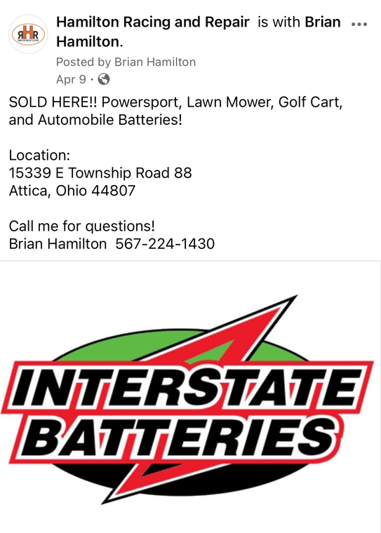 Advertisement for Hamilton Racing and Repair: Sells batteries for powersports, lawn mowers, golf carts, and automobiles. Location in Attica, Ohio.