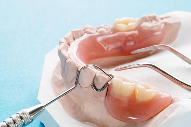 A Model of A Mouth with A Denture and Dental Tools — Peter McLennan Denture Clinic in Grafton, NSW