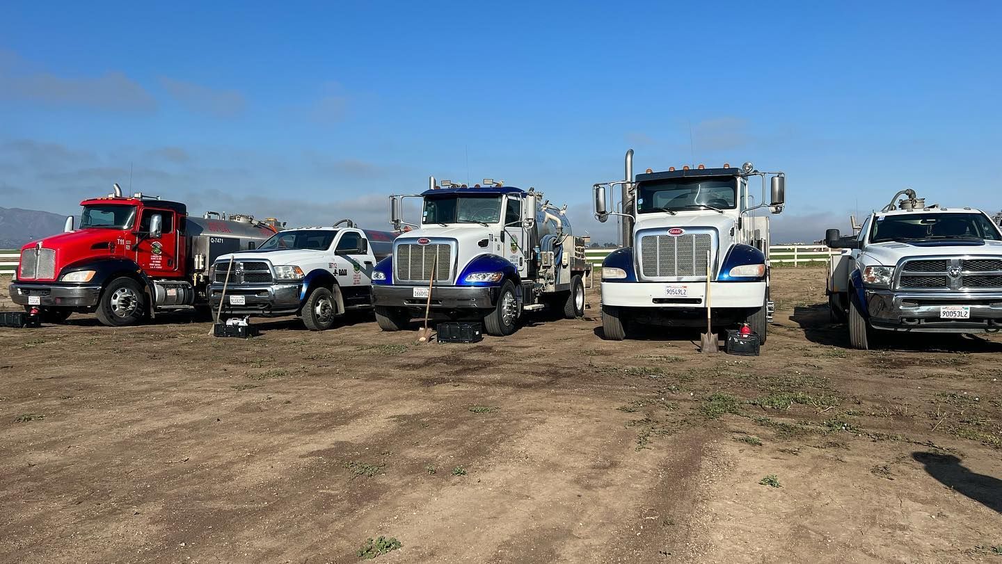 A row of trucks are parked in a dirt field.