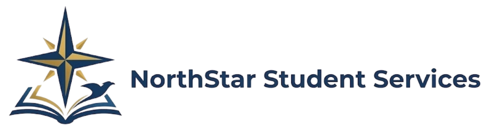 Logo for NorthStar Student Services, featuring a compass star above an open book and a small bird icon.