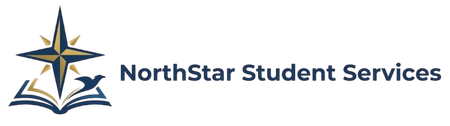 Logo for NorthStar Student Services, featuring a compass star above an open book and a small bird icon.