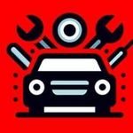 A car is surrounded by wrenches and tires on a red background.