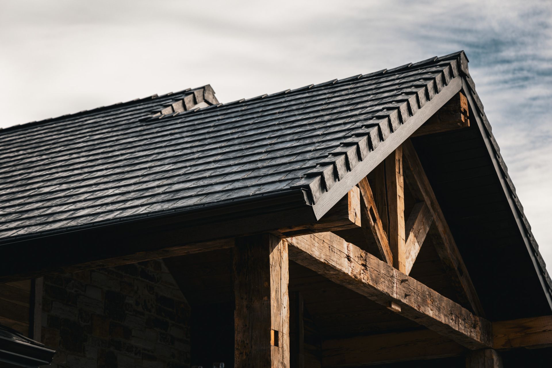 A close up of a black roof with a tree in the background.