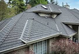 A close up of a black roof with a tree in the background.