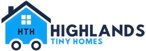 Logo for Highlands Tiny Homes: blue house with wheels, 