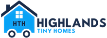Logo for Highlands Tiny Homes: blue house with wheels, 