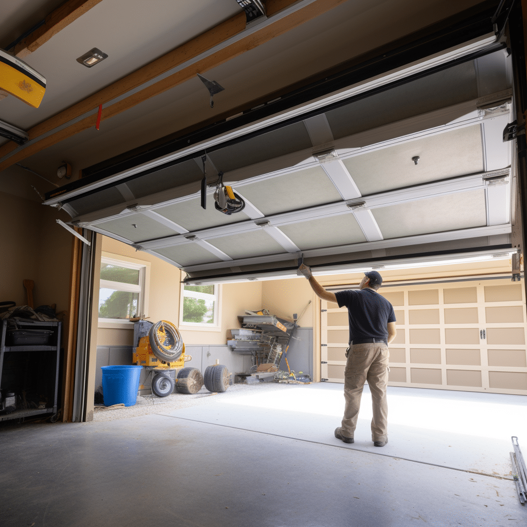 A man is standing in a garage with his garage door open.