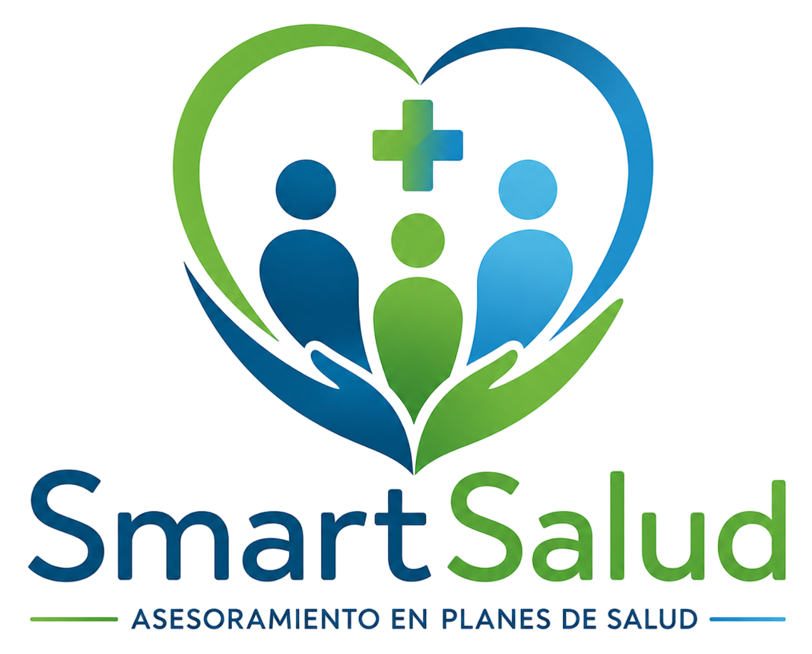 Logotipo de SmartSalud con corazón azul y verde, iconos de personas y texto “ASESORAMIENTO EN PLANES DE SALUD”