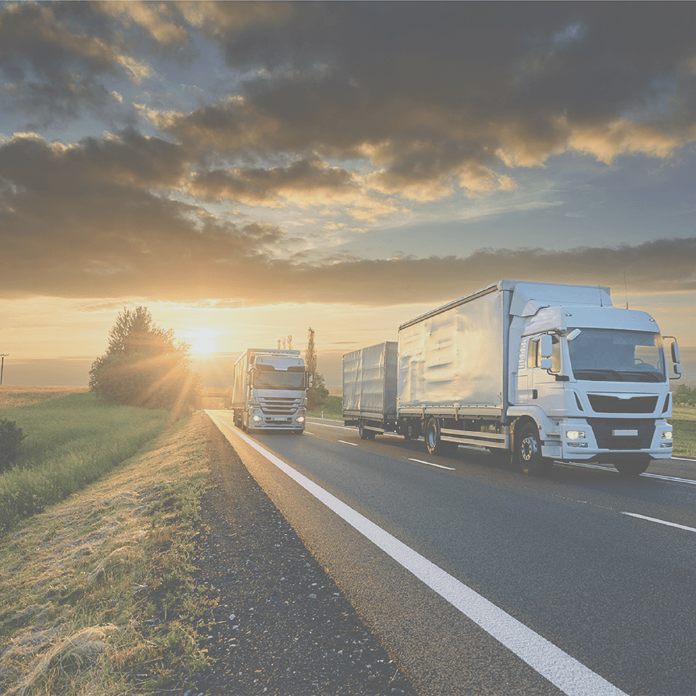 Two white semi-trucks driving on a highway at sunset with the sun shining in the background.