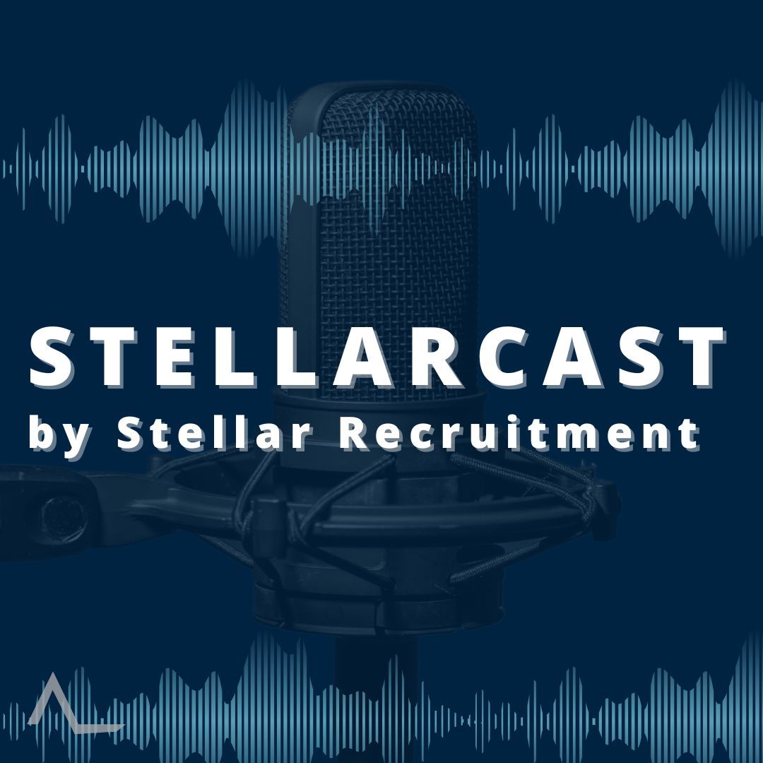 Podcast cover: Microphone in front of a blue background with white text