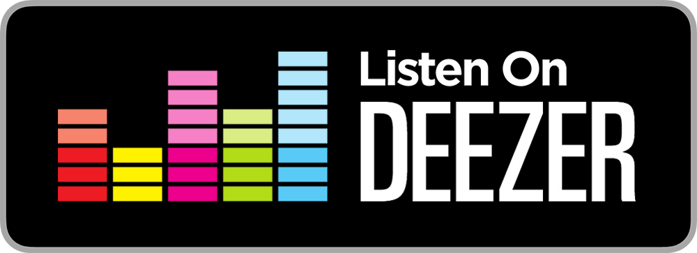 Listen on Deezer logo: Black background with colorful equalizer bars and white text.