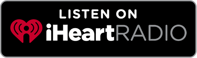 Listen on iHeartRadio logo with a red heart icon on a black background.