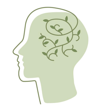 Silueta de una cabeza con una enredadera de hojas creciendo en su interior, que representa el crecimiento mental.