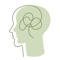 Silueta de una cabeza con cerebro verde y líneas enredadas.