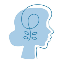 Silueta azul de la cabeza de una persona con una línea ondulada que forma una planta en su interior.
