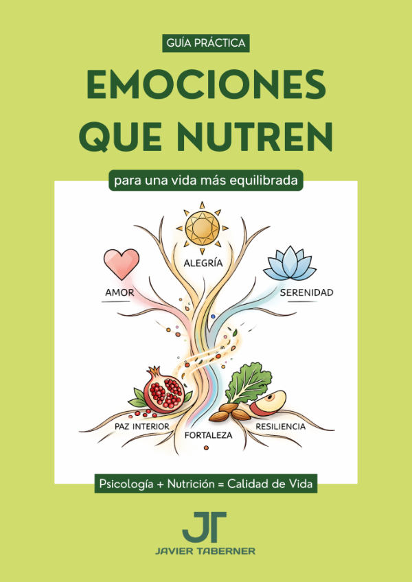 Book cover in lime green: “Emociones que nutren para una vida más equilibrada” with illustrated emotions and food.