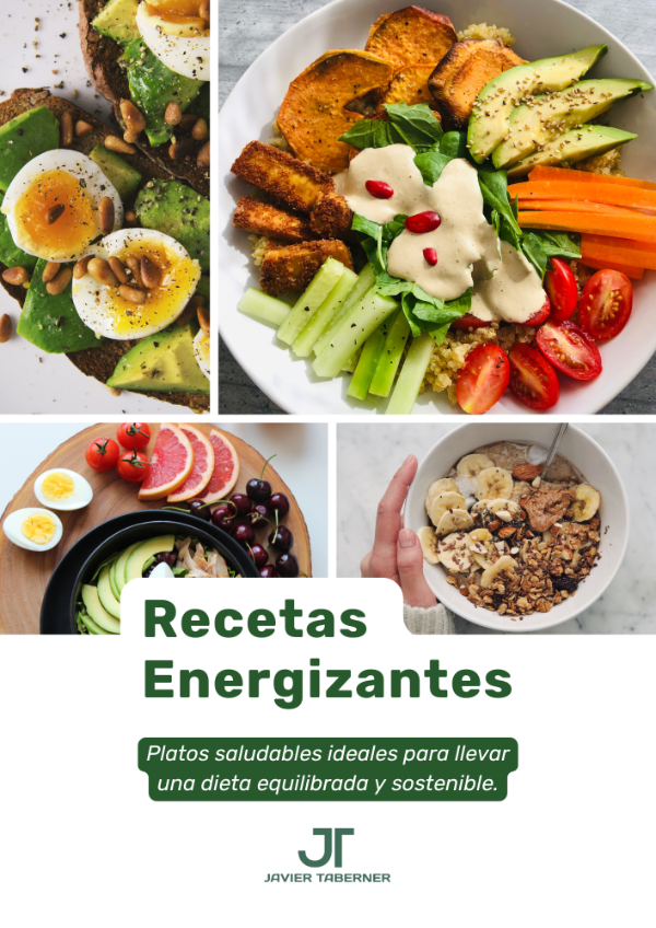 Collage de coloridas y saludables comidas vegetarianas con el título “Recetas Energizantes” y el logotipo de JT.