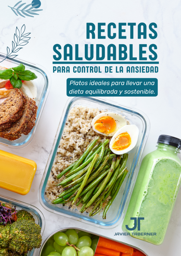Portada de recetario sobre control de la ansiedad con alimentos saludables en mesa azul verdosa.