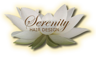 A serenity hair design logo with a lotus flower