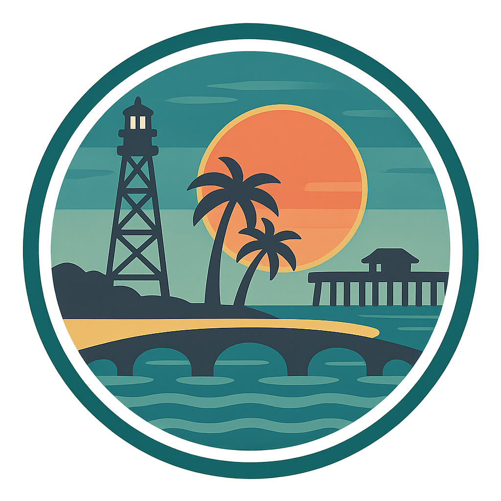 Lighthouse and palm trees on an island, pier, sunset, ocean, and bridge inside a teal circle.