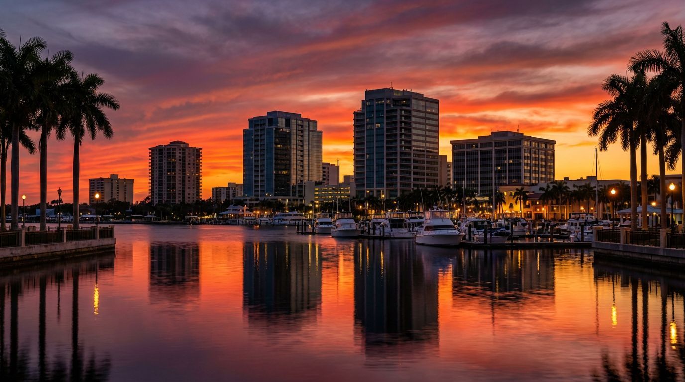 Two-story stone house with tiled roof, lit entryway, and manicured landscaping under a sunset sky.