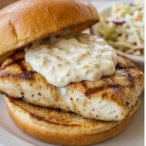 Grilled fish sandwich with sauce, served on a bun, alongside a small coleslaw.