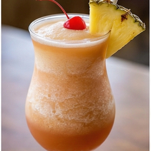 Frozen tropical cocktail in a glass, garnished with pineapple slice and cherry.