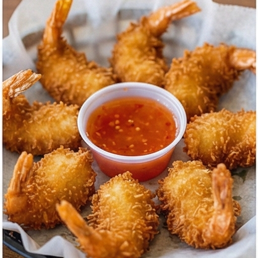 Coconut shrimp with sweet chili dipping sauce in a basket.
