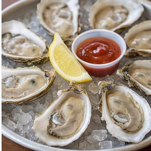 Oysters on ice with lemon wedge and cocktail sauce.