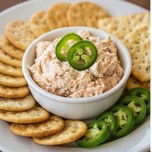 Bowl of crab dip with crackers and jalapeño slices.