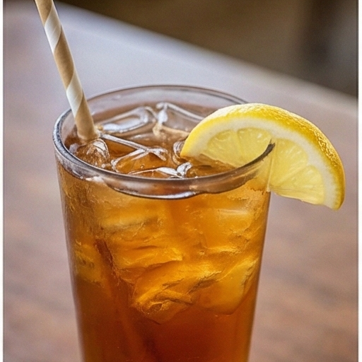 Glass of iced tea with lemon slice and straw.