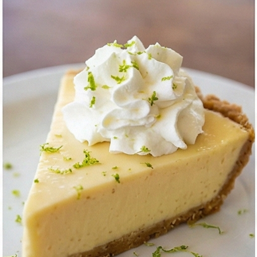 Slice of Key Lime pie with whipped cream and lime zest.