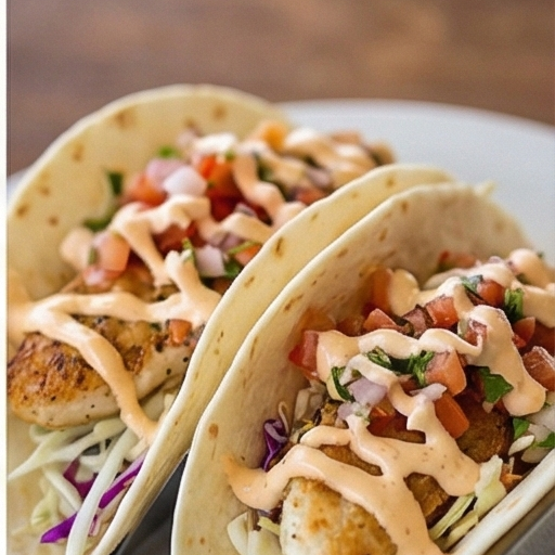 Two fish tacos with toppings and sauce on a white plate.
