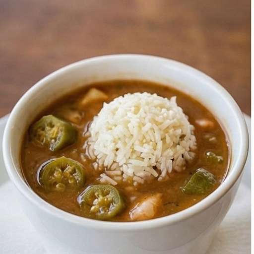 Bowl of gumbo with okra and rice.