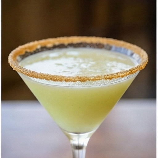 Martini glass with green cocktail, brown sugar rim, against a blurred background.