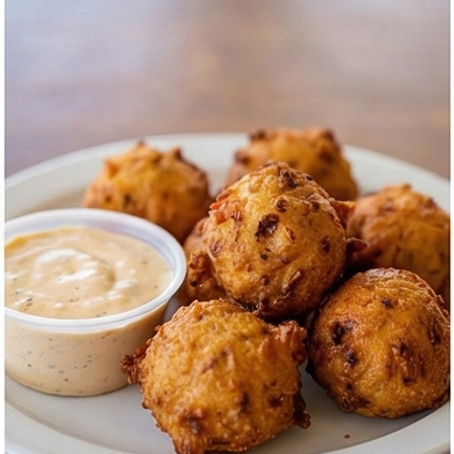 Plate of golden hushpuppies with a side of creamy dipping sauce.