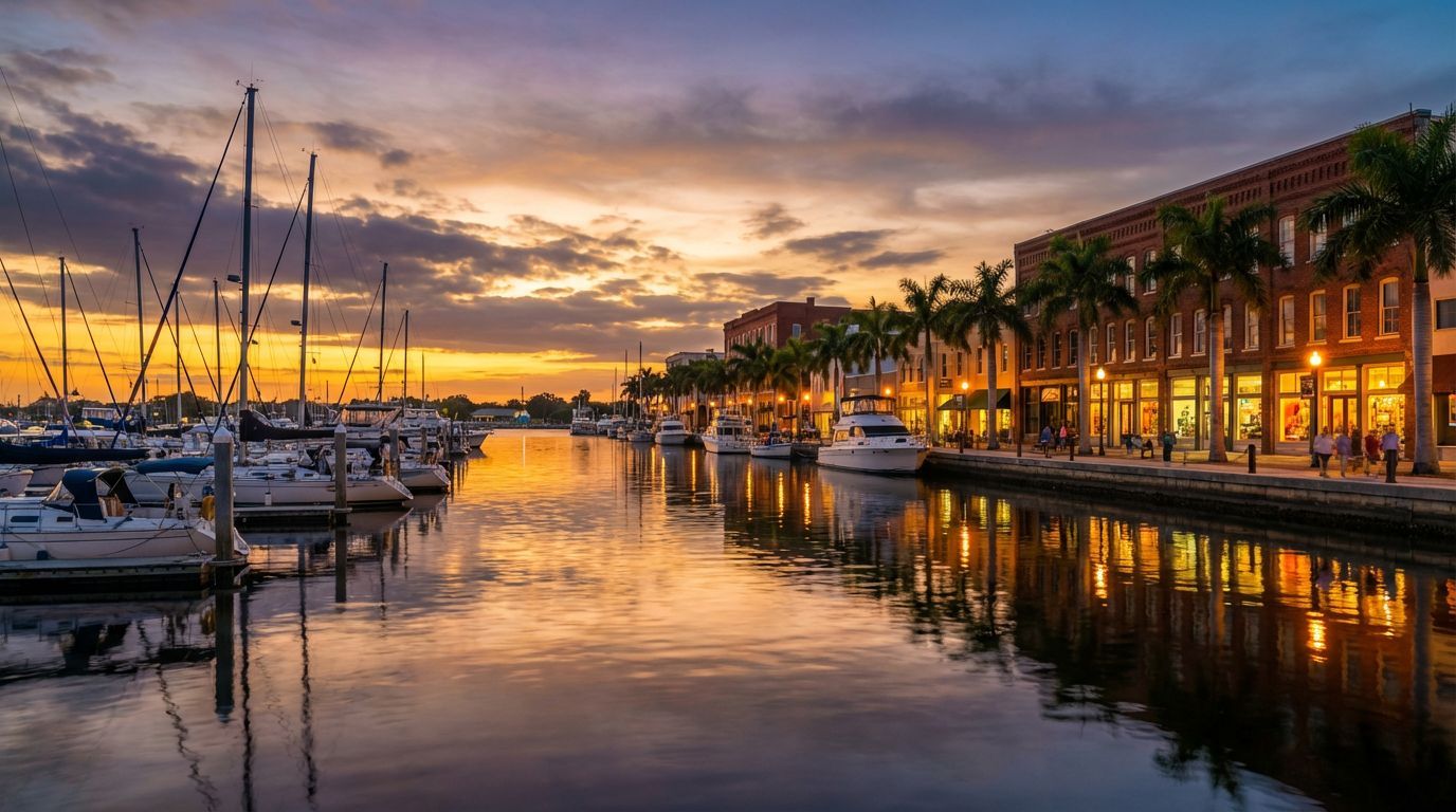 Sunset over a marina with docked boats, buildings, and palm trees reflected in the calm water.