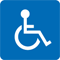 White wheelchair user symbol on a blue background.