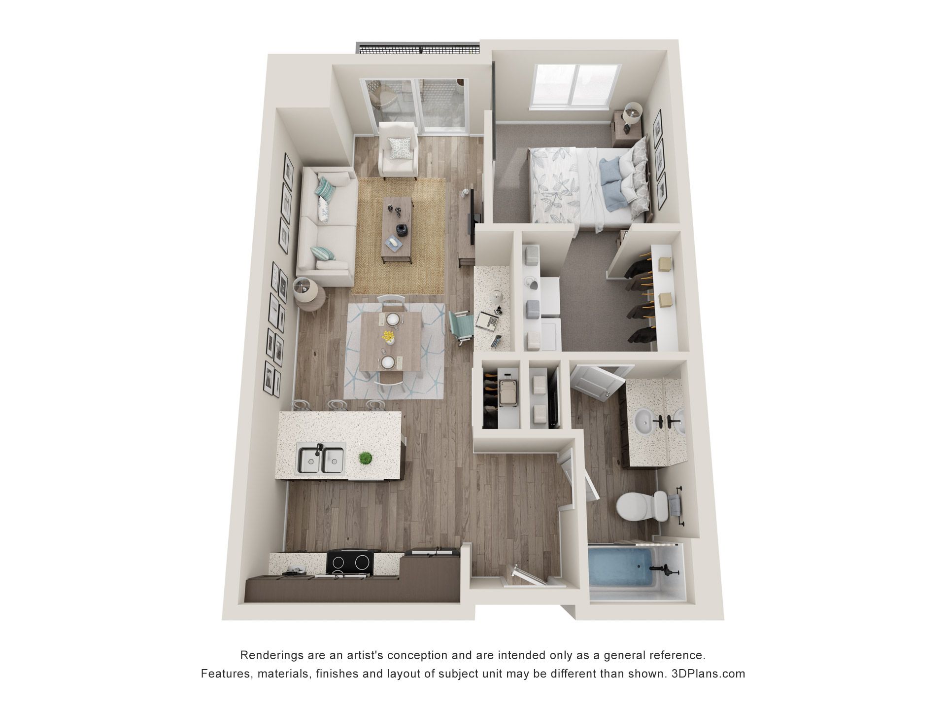 a 3d floor plan of a house with a bedroom , living room , and kitchen .

