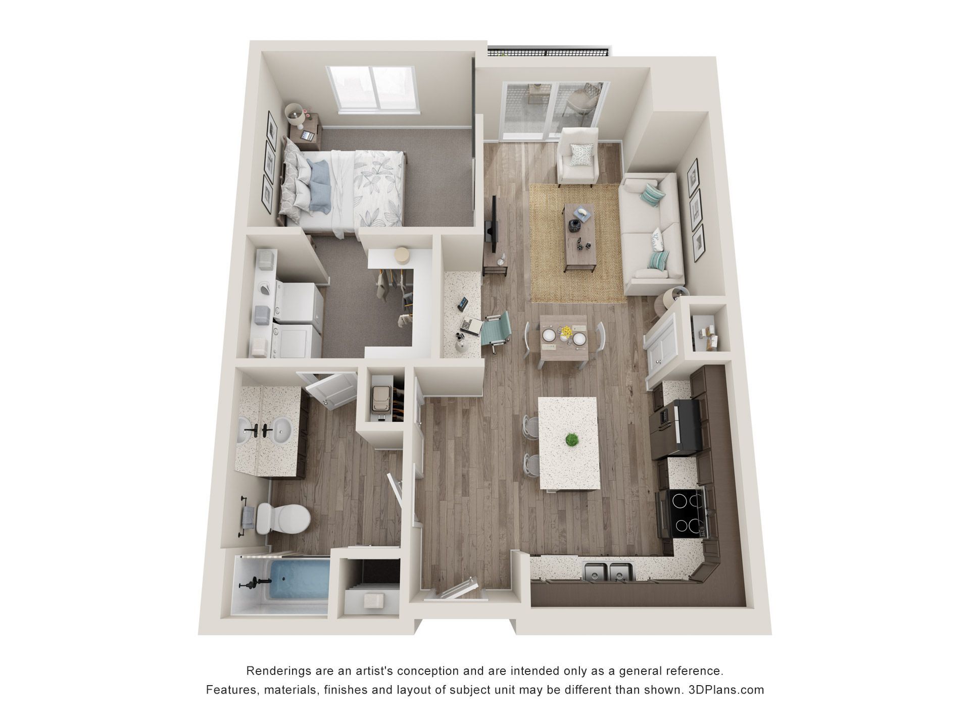 a 3d floor plan of a house with a bedroom , living room , and kitchen .

