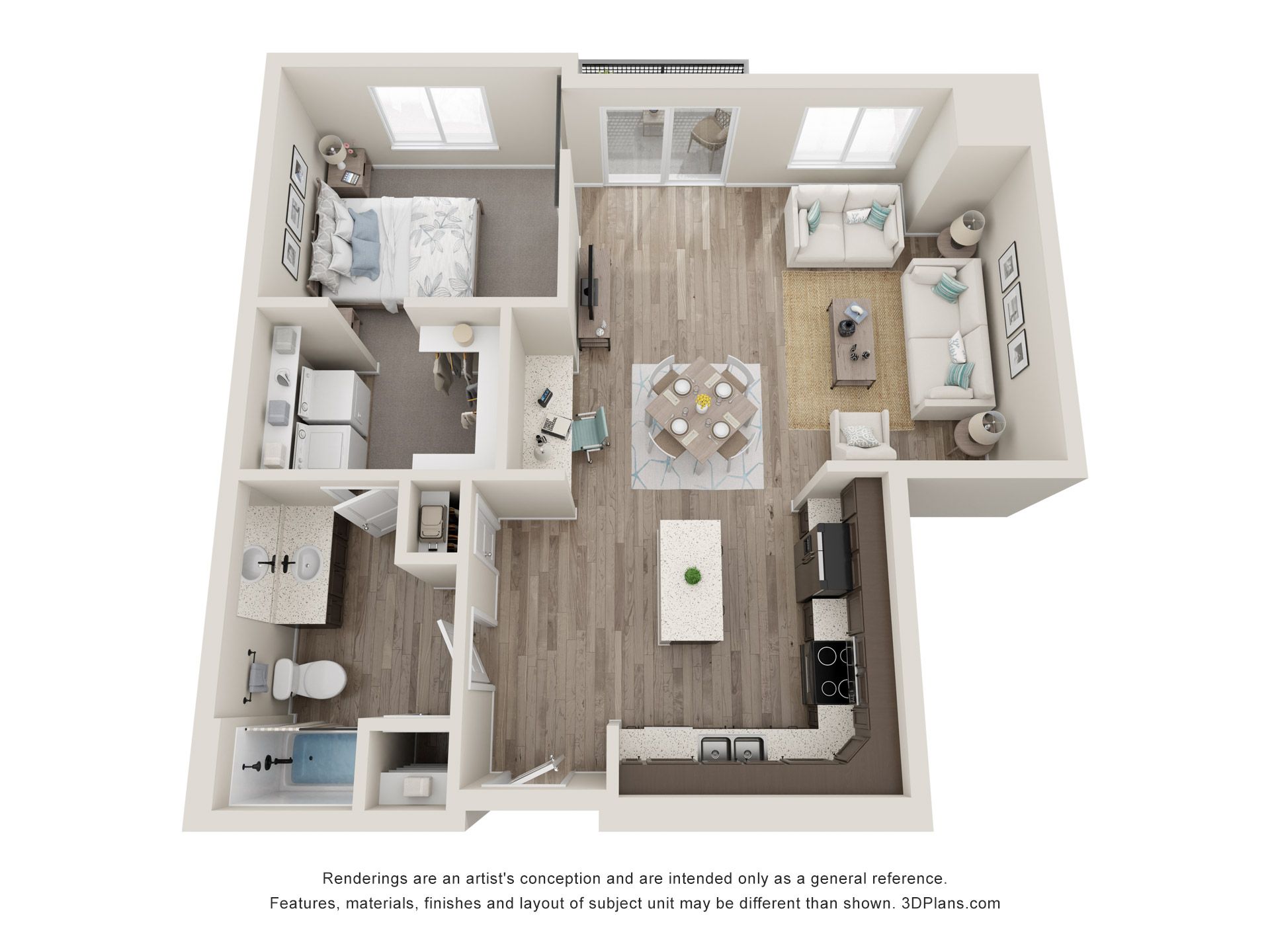 a 3d floor plan of a house with a bedroom , living room , and kitchen .
