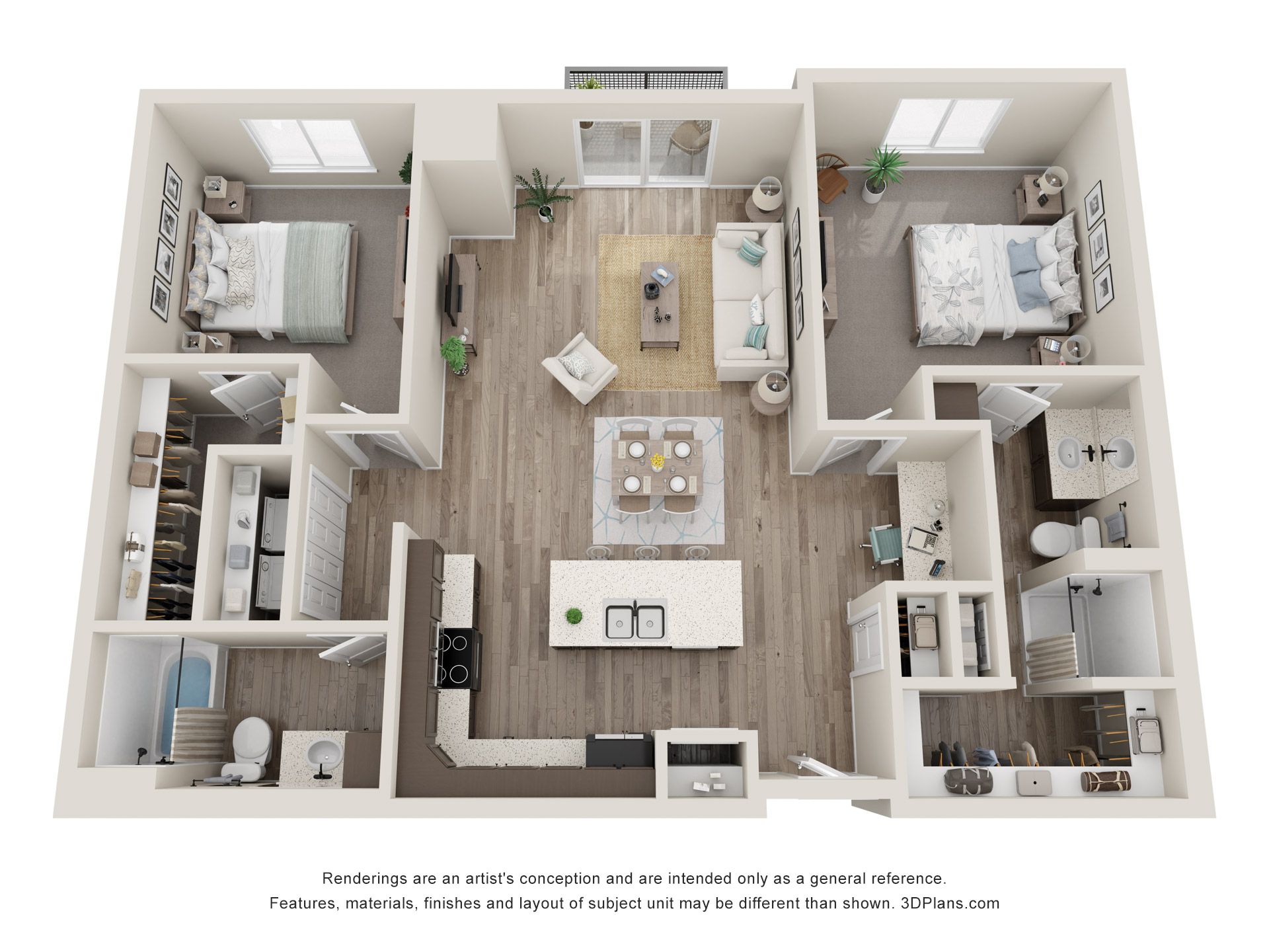 a 3d floor plan of a house with two bedrooms , a living room , and a kitchen .
