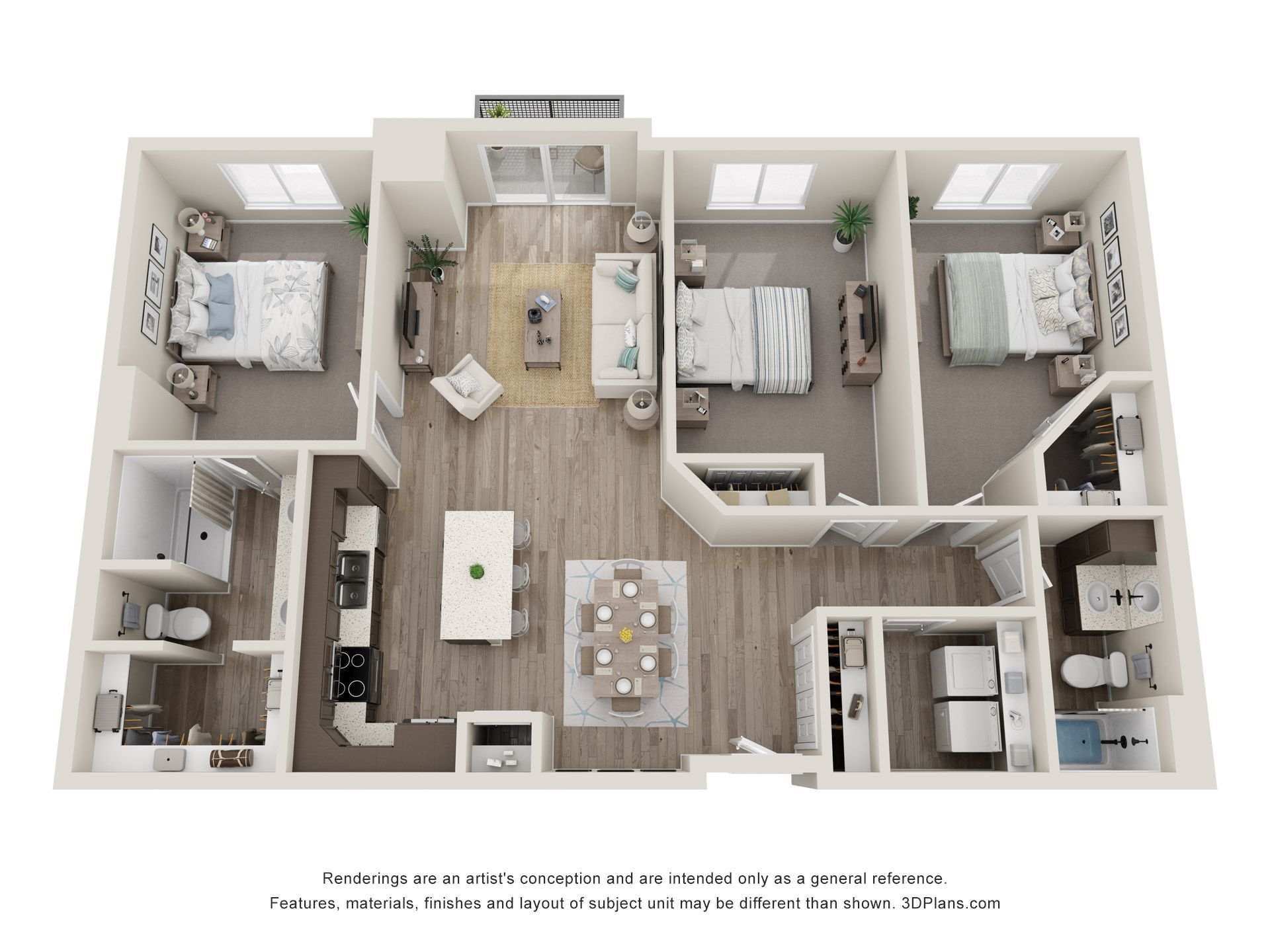 a 3d floor plan of a house with three bedrooms and a living room .
