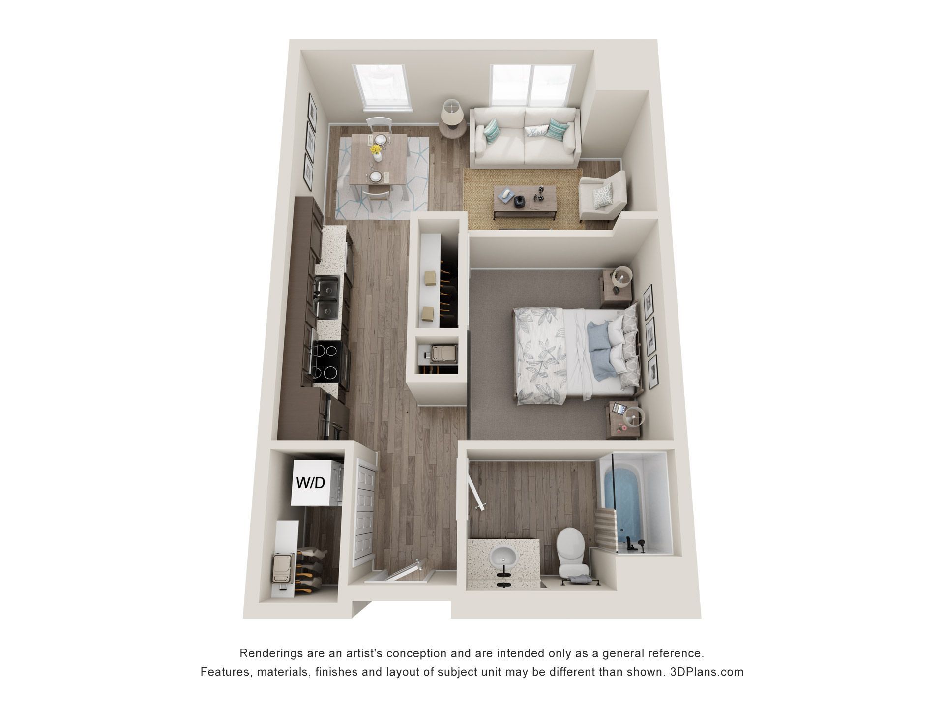 a 3d floor plan of a small apartment with a bedroom , living room , and kitchen .
