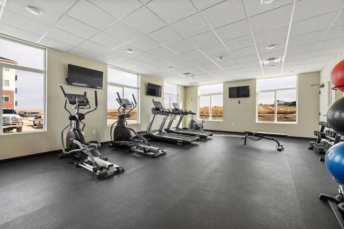 a gym with treadmills , ellipticals , and exercise balls .