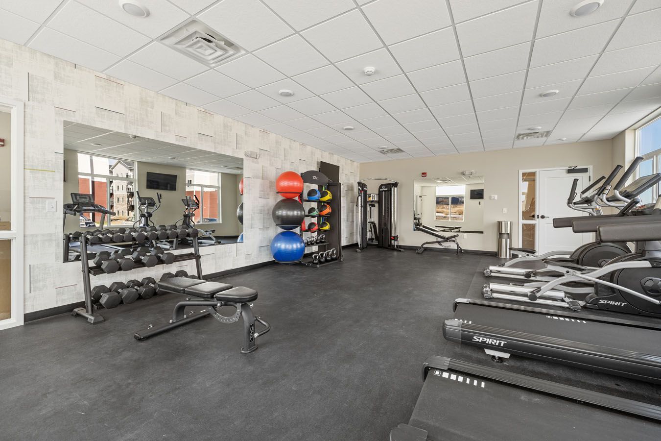a gym with a treadmill , dumbbells , a bench and a mirror .