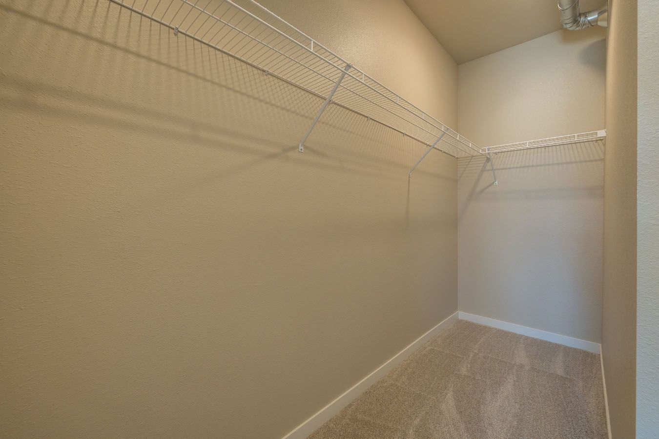a walk in closet with a lot of shelves and a carpeted floor .