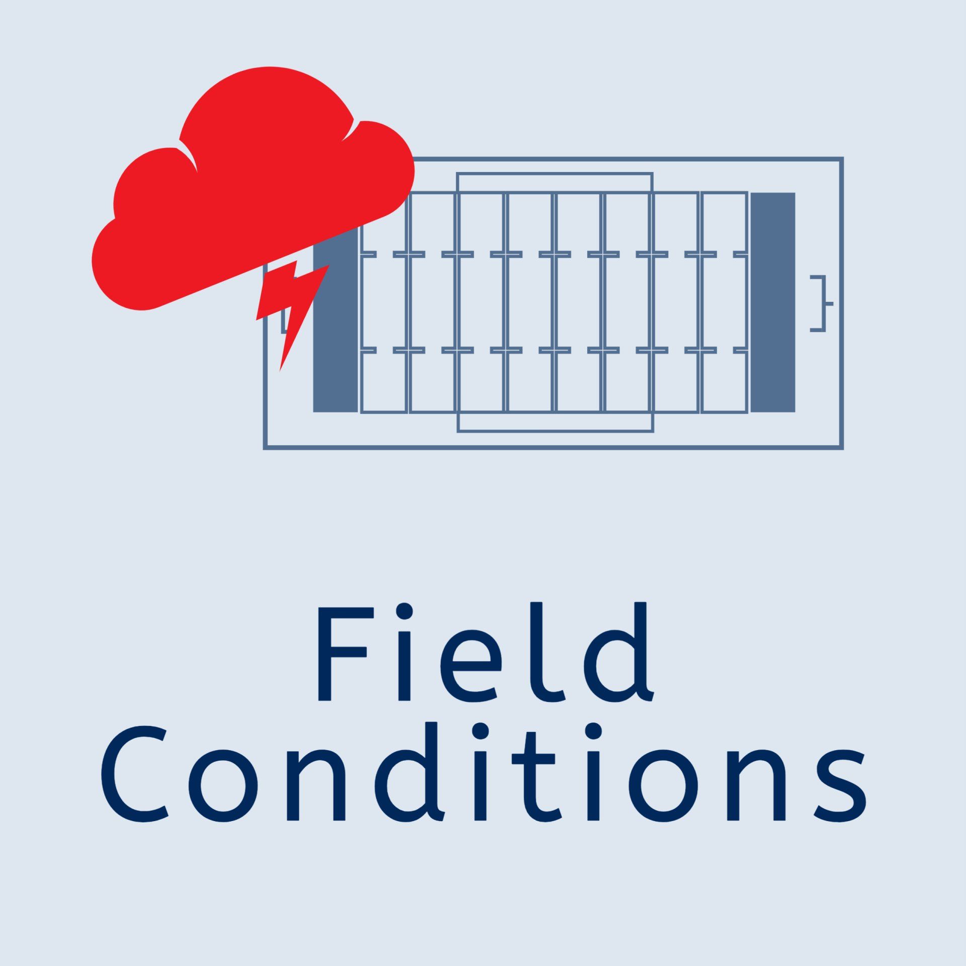 A sign that says field conditions with a cloud and lightning bolt