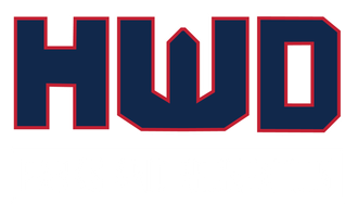 A blue and red logo with the word hwd on a white background.