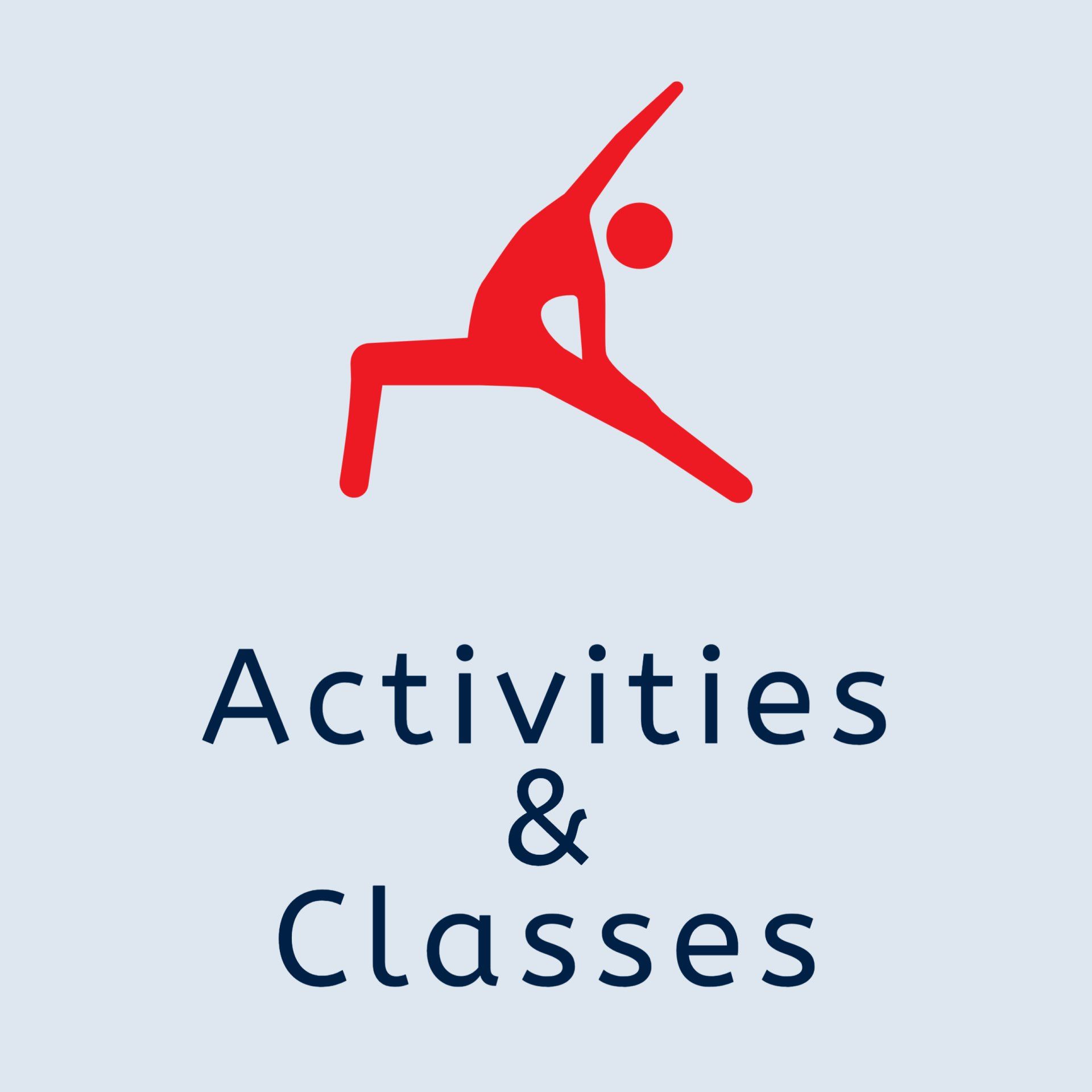 A logo for activities and classes with a person in a yoga pose